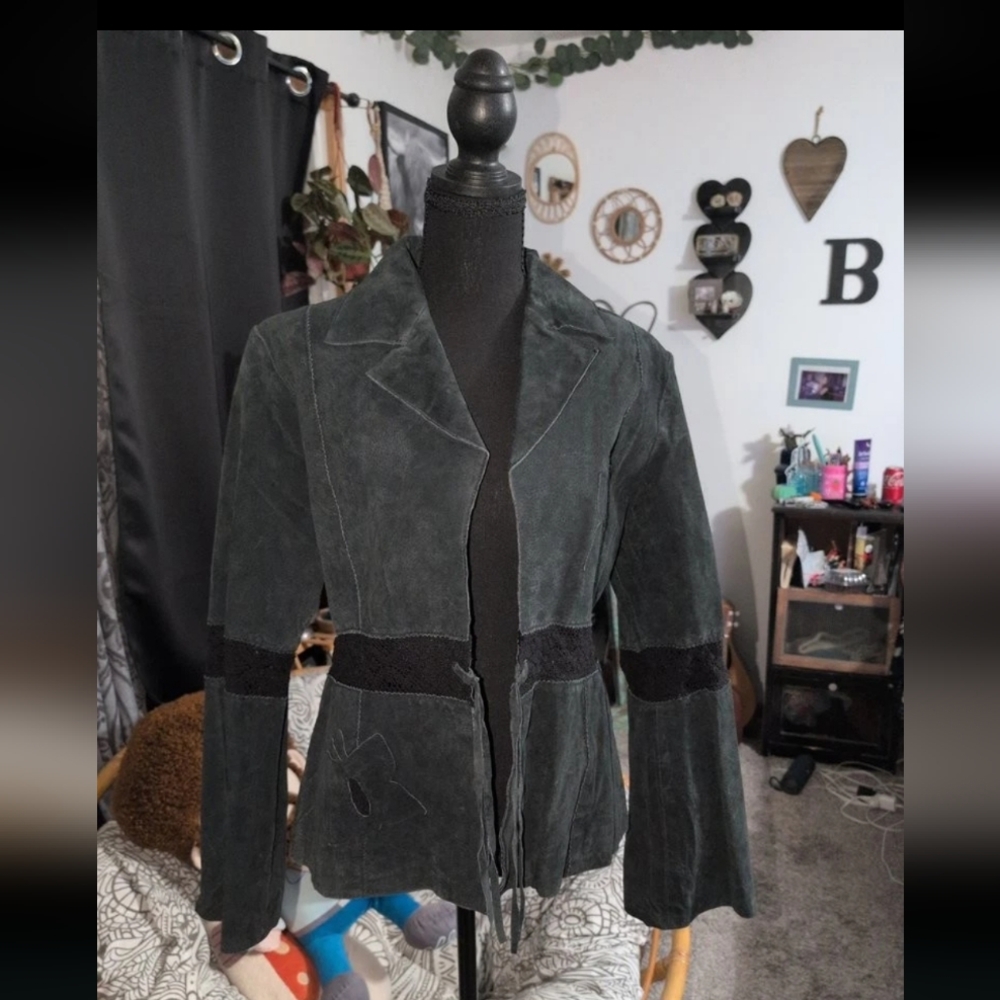 Y2K Outer Edge Charcoal Suede Blazer with Ebony Accents
